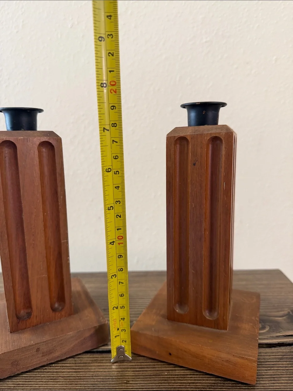 Vintage Mid Century Wood Candle Holders Pair Geometric Carved Taper Candlesticks